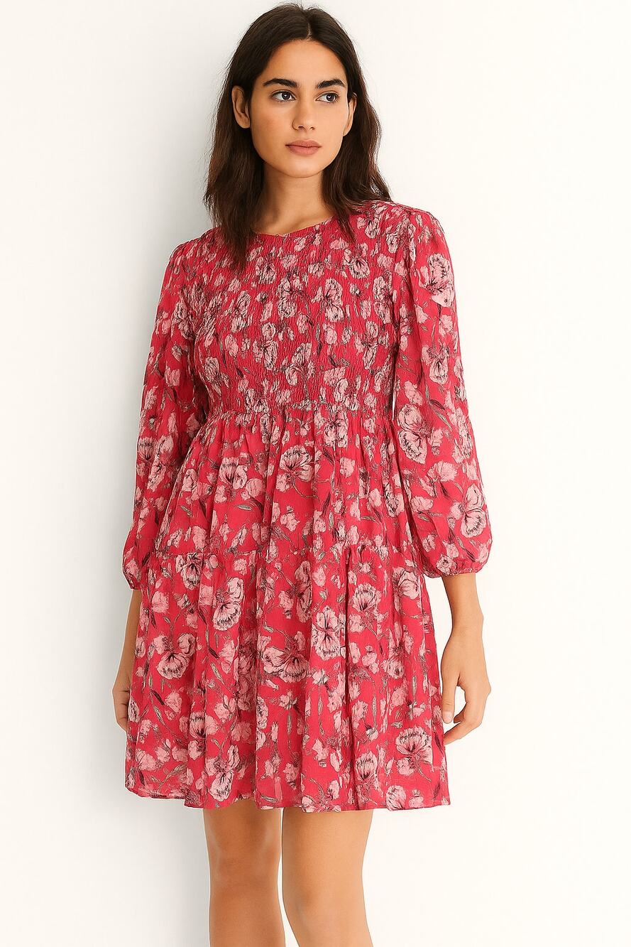 Eliane Rose Floral Print Smocked Long Sleeve Dress Red M